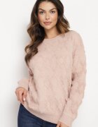 wool fashion Pulover roz deschis cu croi lejer și model tricotat cu borduri reiate Elondrae