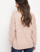 wool fashion Pulover roz deschis cu croi lejer și model tricotat cu borduri reiate Elondrae
