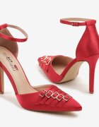 yesmile Pantofi cu toc roșii din satin cu catarame decorative Liovirae