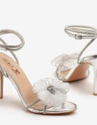 yesmile Sandale Argintii cu toc stiletto decorate cu zirconii și aplicație florală Froine
