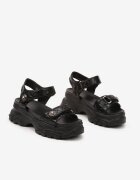 yesmile Sandale Negre pe Talpă Groasă Reliefată cu Flori 3D Senevia