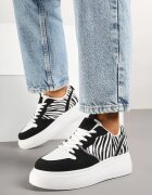 yesmile Sneakers Negri și Albi pe Platformă cu Cusături Decorative Perforații și Imprimeu Zebră Senaleira