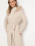 yu & me Cardigan Bej din Lână cu Croială Dreaptă cu Glugă și Blană Detașabilă Legat în Talie Besigala