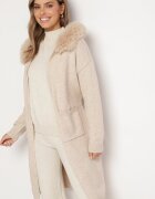 yu & me Cardigan Bej din Lână cu Croială Dreaptă cu Glugă și Blană Detașabilă Legat în Talie Besigala