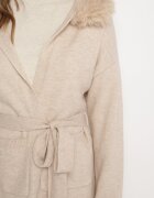 yu & me Cardigan Bej din Lână cu Croială Dreaptă cu Glugă și Blană Detașabilă Legat în Talie Besigala
