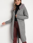 yu & me Cardigan Gri cu Lână cu Croială Dreaptă cu Glugă cu Blană Detașabilă Legat în Talie Besigala