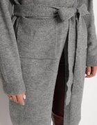 yu & me Cardigan Gri cu Lână cu Croială Dreaptă cu Glugă cu Blană Detașabilă Legat în Talie Besigala