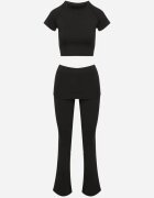 yu & me Komplet Sportiv Negru Tricou Mulat și Pantaloni Clopot Evazați Silenira
