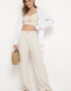 yu & me Pantaloni Bej deschis Largi Drepți cu talie înaltă din in cu închidere cu fermoar și nasture cu elastic cusut la spate Azitela