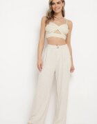yu & me Pantaloni Bej deschis Largi Drepți cu talie înaltă din in cu închidere cu fermoar și nasture cu elastic cusut la spate Azitela