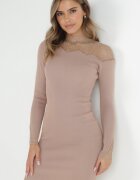 yu & me Rochie bejă mulată cu plasă la decolteu Mugumie