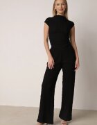 yu & me Set Negru Neted Pantaloni Largi și Bluză Drapată cu Guler Înalt Merithie