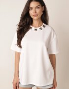 yu & me T-shirt oversize din bumbac cu aplicații bijuterii la decolteu Tesana Alb