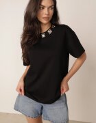 yu & me T-shirt oversize din bumbac cu aplicații bijuterii la decolteu Tesana Negru