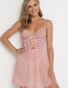 yuna Cămașă de noapte din dantelă roz cu legătură sub bust și chiloți tanga Bowyn