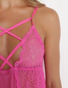 yuna Cămașă de noapte Fucsia cu legătură la decolteu finisată cu dantelă și Stringi Gumaiya