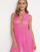 yuna Cămașă de noapte fucsia din plasă decorată cu dantelă și legătură și Stringuri Roberitte