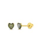 Bebe Gold Cercei Aur 14K Copii - model Birthstone (zi nastere august) - forma Inima cu Piatra CZ Light Green - inchidere cu Filet si Protectie