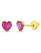 Bebe Gold Cercei Aur 14K Copii - model Birthstone (zi nastere iulie) - forma Inima cu Piatra CZ Light Red - inchidere cu Filet si Protectie