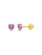 Bebe Gold Cercei Aur 14K Copii - model Birthstone (zi nastere octombrie) - forma Inima cu Piatra CZ Pink - inchidere cu Filet si Protectie