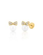 Bebe Gold Cercei Copii din Aur 14K - model Perla de Cultura 5mm si Funda cu Pietre CZ albe - inchidere cu Filet si Protectie