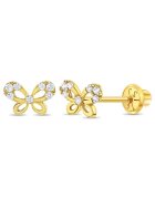Bebe Gold Cercei din Aur 14K pentru Copii - in forma de Fluture cu Pietre CZ Albe - inchidere cu Filet si Protectie