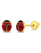 Bebe Gold Cercei din Aur 14K pentru Copii - model Buburuza cu Email Rosu si Negru - inchidere cu Filet si Protectie