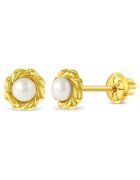 Bebe Gold Cercei din Aur 14K pentru Copii - model Clasic cu Perla de Cultura 3 mm in Montura Impletita - inchidere cu Filet si Protectie