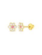 Bebe Gold Cercei din Aur 14K pentru Copii - model Daisy Floare cu Email Roz - inchidere cu Filet si Protectie