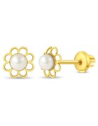 Bebe Gold Cercei din Aur 14K pentru Copii - model Floare cu Perla de Cultura - inchidere cu Filet si Protectie