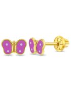 Bebe Gold Cercei din Aur 14K pentru Copii - model Fluturas cu Email Roz si Alb - inchidere cu Filet si Protectie