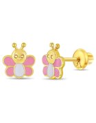 Bebe Gold Cercei din Aur 14K pentru Copii - model Fluturasi cu Email Roz si Alb - inchidere cu Filet si Protectie