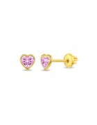 Bebe Gold Cercei din Aur 14K pentru Copii - model Heart Baby cu Piatra CZ Roz - inchidere cu Filet si Protectie