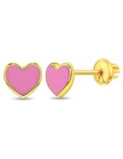 Bebe Gold Cercei din Aur 14K pentru Copii - model Inima cu Email Roz - inchidere cu Filet si Protectie