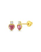 Bebe Gold Cercei din Aur 14K pentru Copii - model Royal Heart cu Piatra CZ Alba si Roz - inchidere cu Filet si Protectie