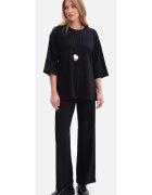 BeWear Pantaloni casual - B300 Negri Lungi - cu dungi - Talie elastica - Fara buzunare - Croiala lejera - Perfect zilnica - Negru