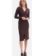 BeWear Rochie creion - B307 ciocolata maneci lungi - decolteu in V - Tiv ondulat - fara captuseala - lungime midi - Ciocolata