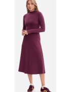 BeWear Rochie midi - B299 Pruna Tricot cu dungi - top mulat - evazat la baza - maneci lungi cu orificii pentru degete - top cu guler inalt - fara inchizatoare