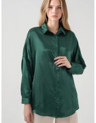 Big Dart Camasa supradimensionata HiCCUP din satin - verde padure - poliester - cu inchidere cu nasturi