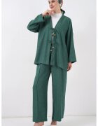 Big Dart Costum dama - set cardigan si pantaloni largi - detalii decorative - verde pin - amestec de in. -
