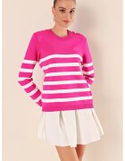 Big Dart Pulover dama BigDart - guler rotund - dungi - detaliu cu nasturi - acrilic - Roz magenta -