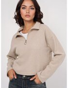 Big Dart Pulover dama - HiCCUP - Relaxed Fit Crop - guler cu fermoar - crem - bumbac si poliester
