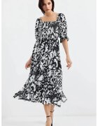 Big Dart Rochie midi - HiCCUP - imprimeu - guler patrat - crapatura - negru - viscoza