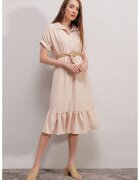 Big Dart Rochie Midi Texturata cu Curea si Guler de Camasa - Textil - Crema naturala -