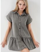 Big Dart Rochie scurta din denim HiCCUP - guler camasa - detaliu cu nasturi - gri - bumbac
