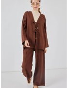 Big Dart Set cardigan si pantaloni largi amestec de in - detalii tiv - maro mocha - textil -