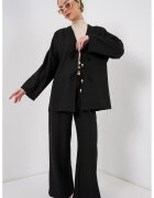 Big Dart Set dama - HiCCUP - cardigan texturat cu decolteu in V si pantaloni largi - negru - textil