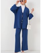 Big Dart Set doua piese - HiCCUP - cardigan lung texturat cu decolteu in V si pantaloni - albastru - poliester si elastan