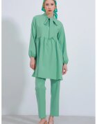 Big Dart Set doua piese - HiCCUP - tunica lunga si pantaloni - guler clasic - verde - poliester