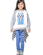 Bluza de trening regular fit cu decolteu la baza gatului - Albastru pastel/Alb optic/Gri deschis melange